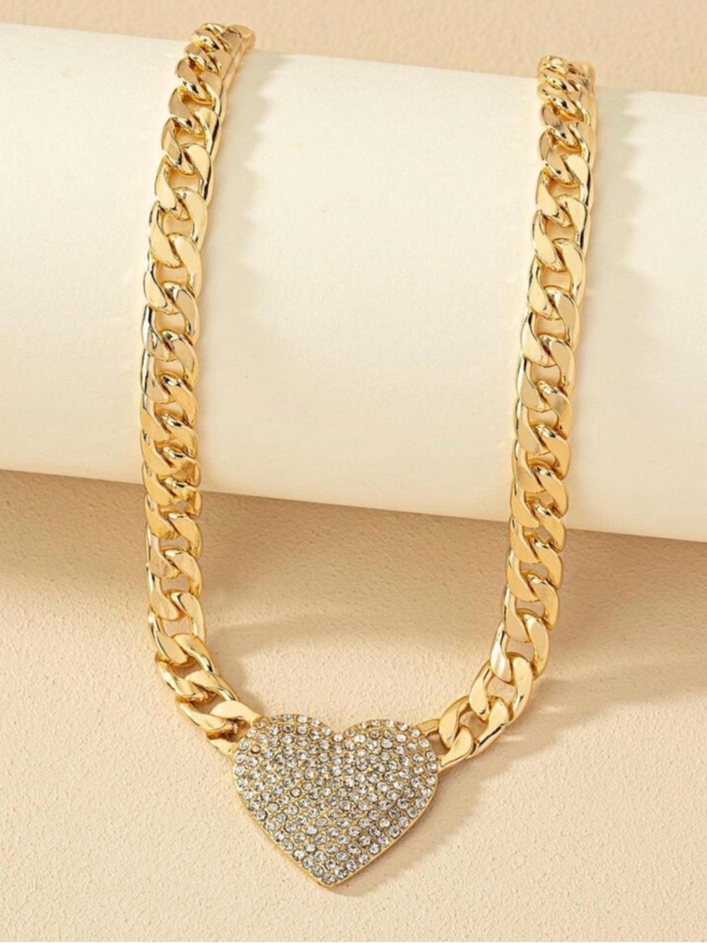Gold Heart Pavé Cuban Link Choker Necklace - Picture 2 of 4
